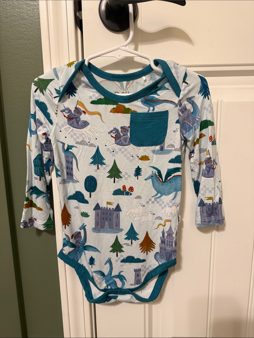 Little Sleepies Teal-Trim Dragon & Castle Long-Sleeve One-Piece